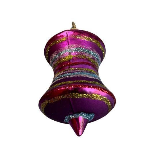 German Glass Glittered Spindle Ornament Purple Blue Gold 3 1/2 Inch Holiday Déco - Picture 2 of 6
